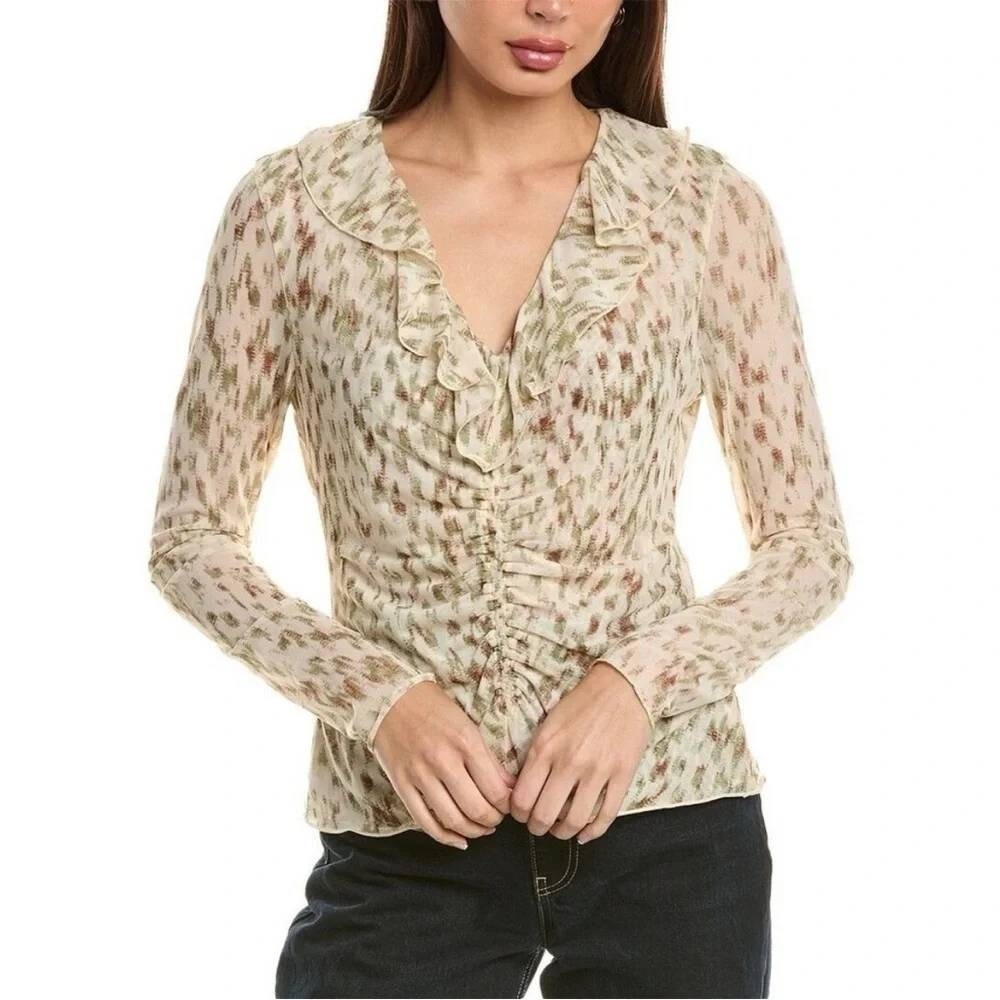 Cabi Dapple Top Women Large Green Static Print NWT Ruffle Mesh Ruched 4532